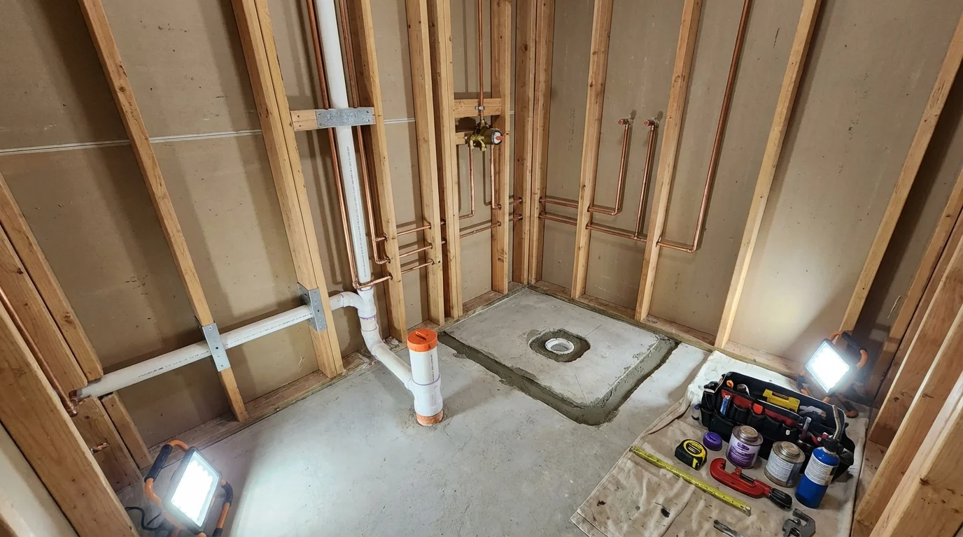 Bathroom rough-in plumbing during remodel by Johns Plumbing LLC in Montague