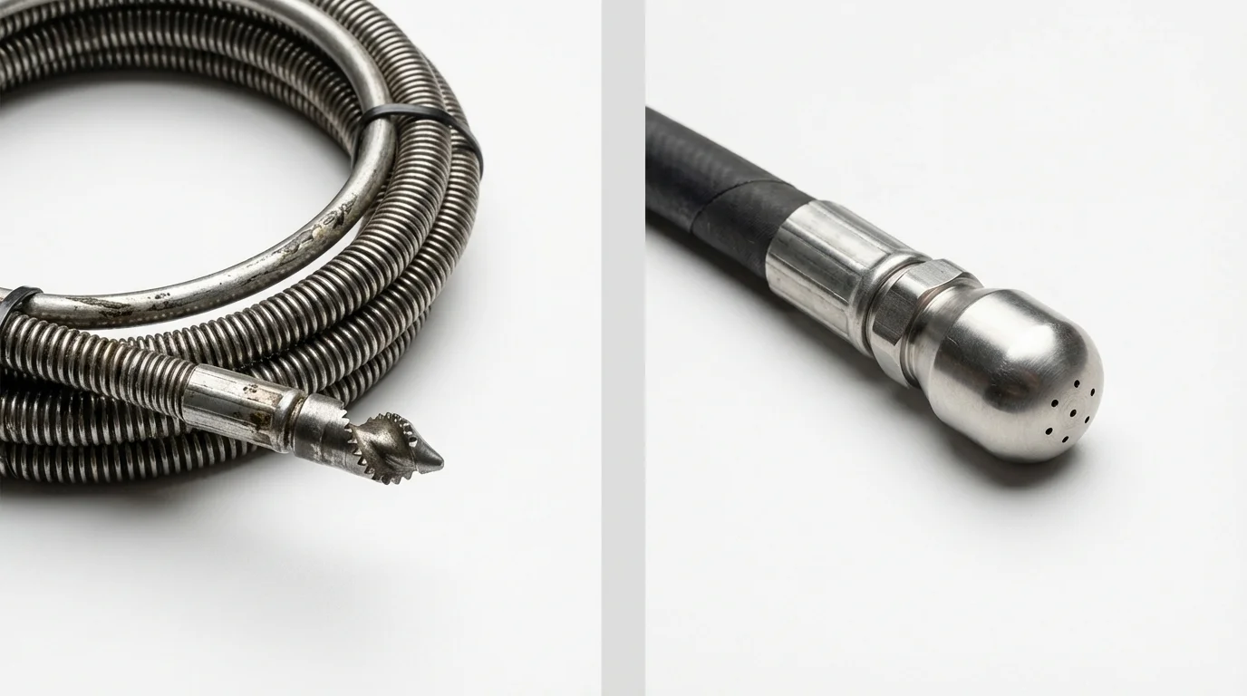 Drain snake cable and hydro jetting nozzle used for drain cleaning in Montague, CA