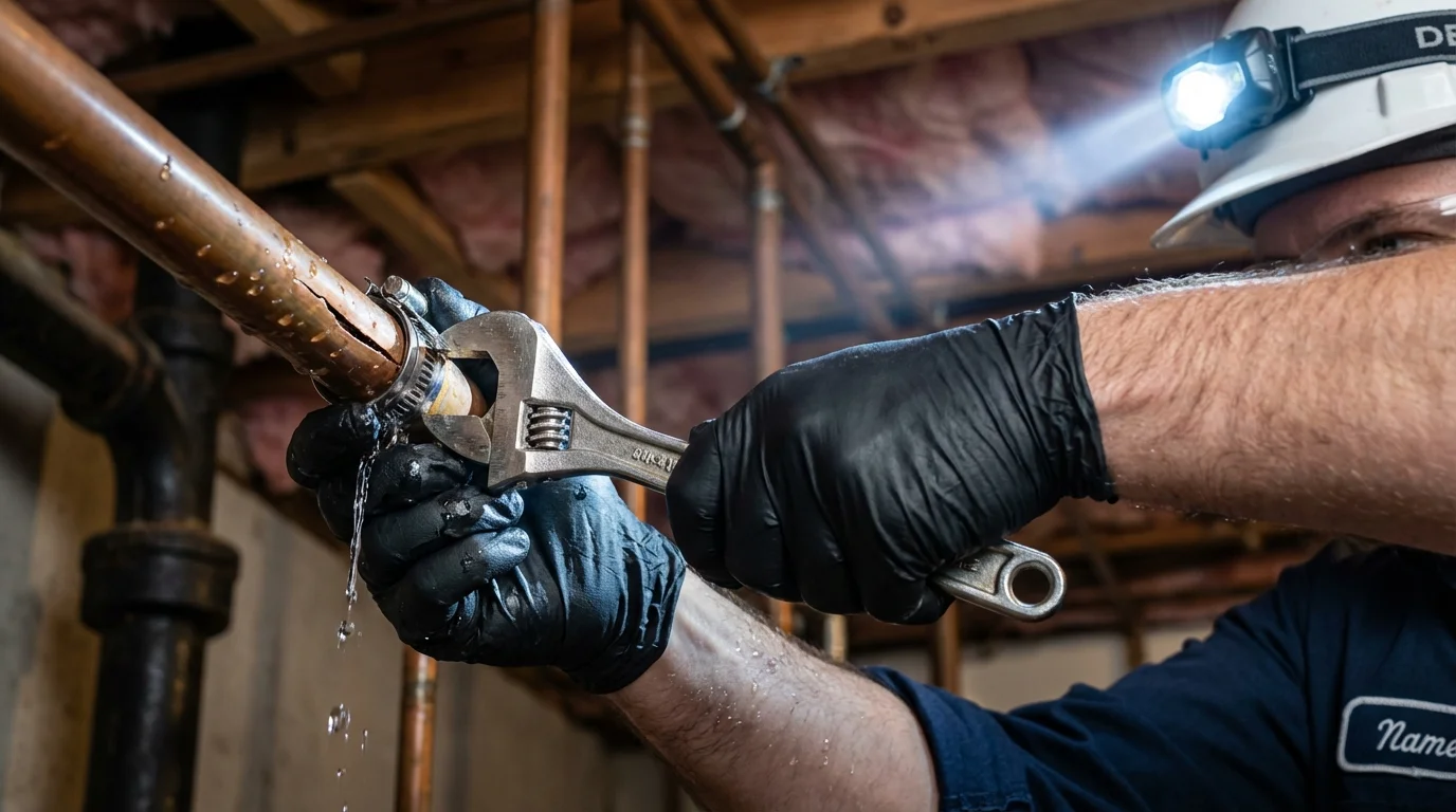 Emergency pipe clamp repair being performed by a Johns Plumbing LLC plumber in Montague
