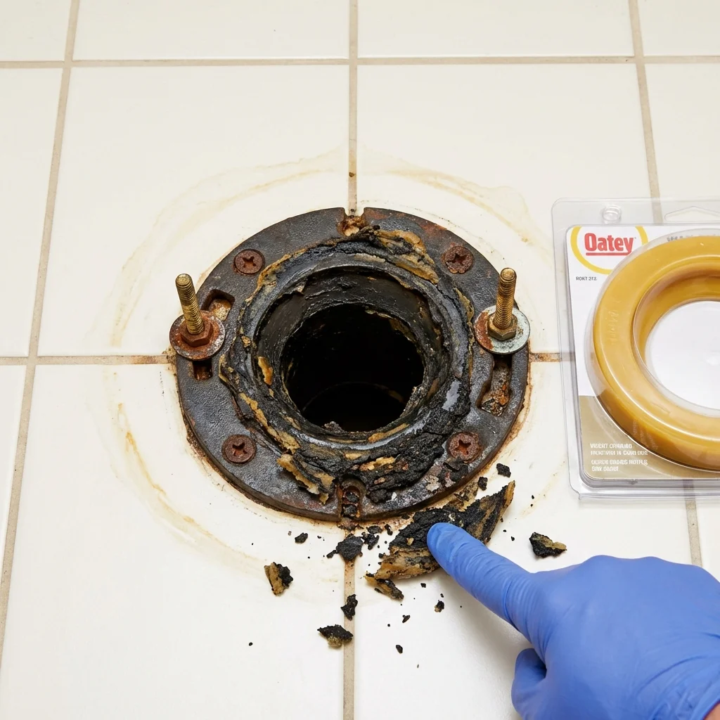 Failed wax ring showing water seepage at the base of a toilet in a Montague, CA home