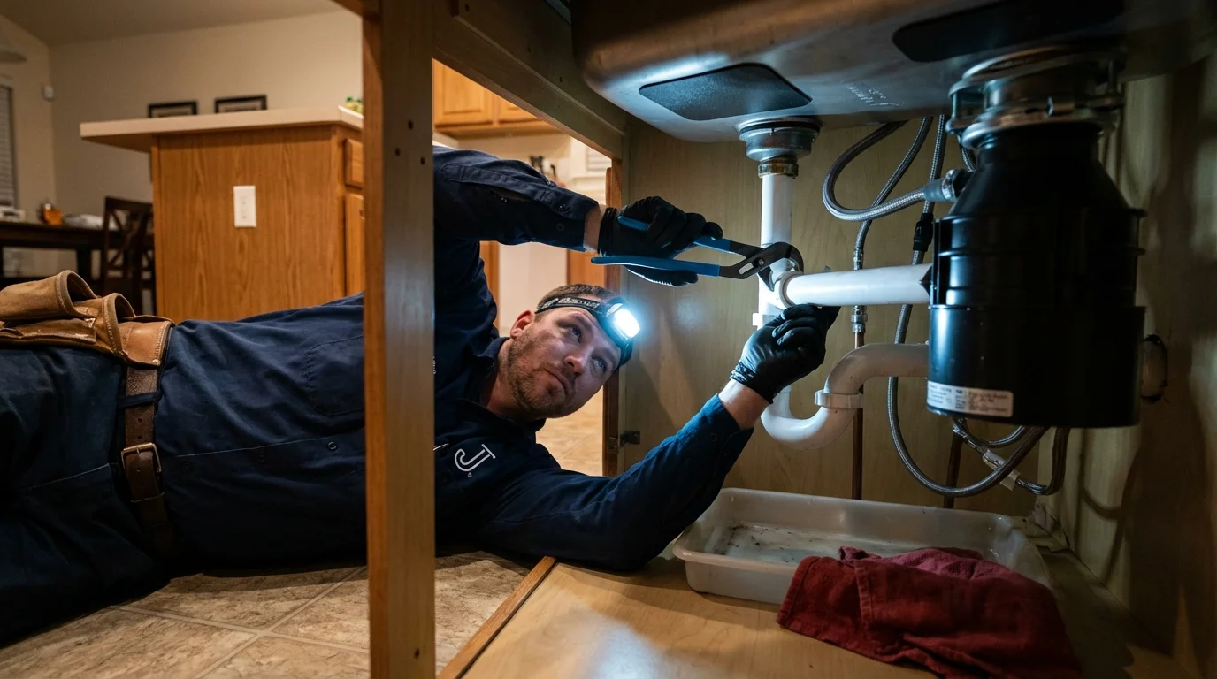 P-trap and supply line connections under a kitchen sink showing a common leak point in Montague, CA